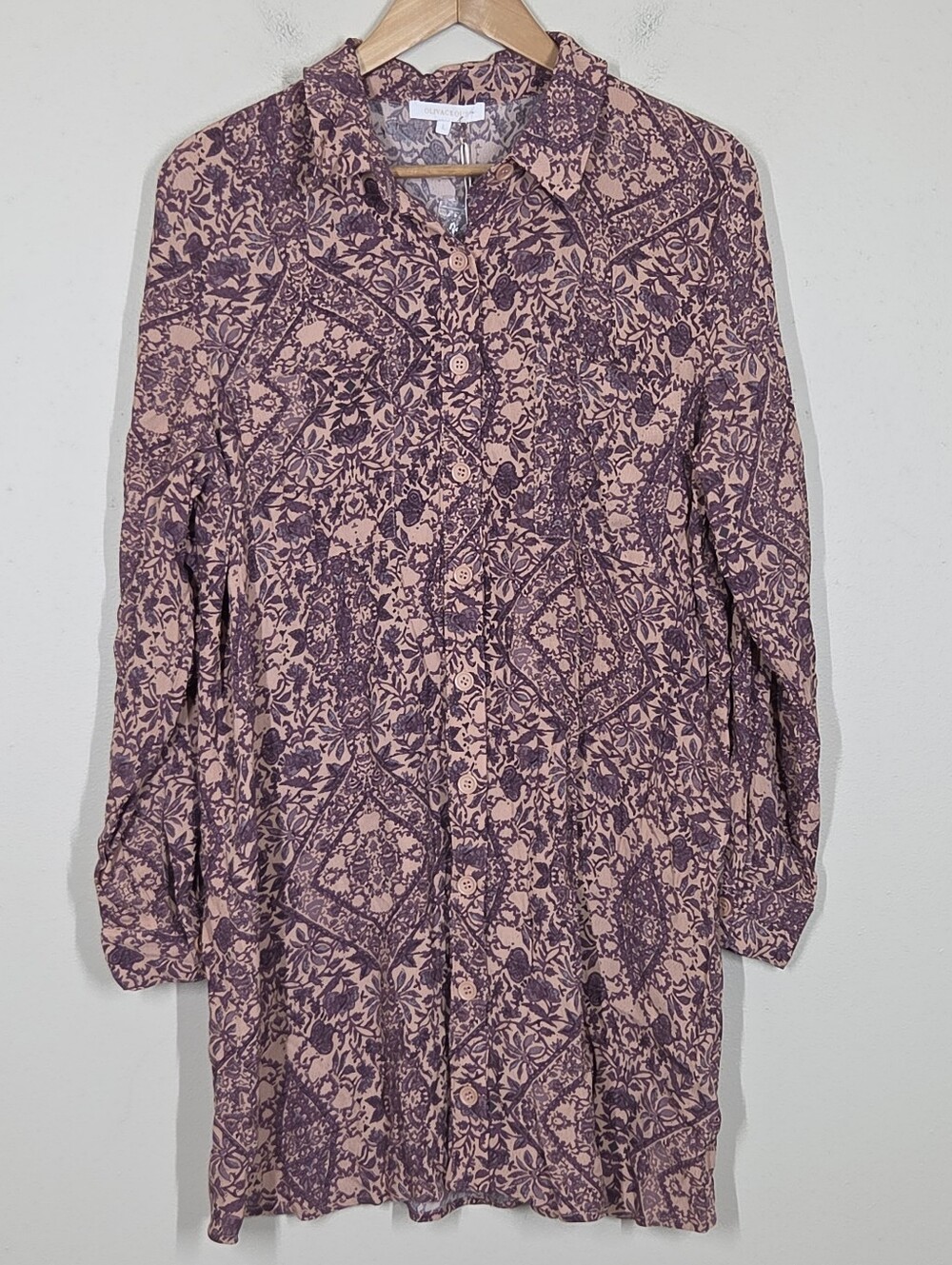 NWT Olivaceous Mini Shirt Dress Long Sleeve Purple Pink L Preppy Boho Romantic